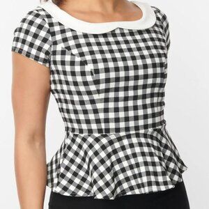 Unique Vintage | Gingham Peplum Short Sleeve Top Peter Pan Collar | Size Medium